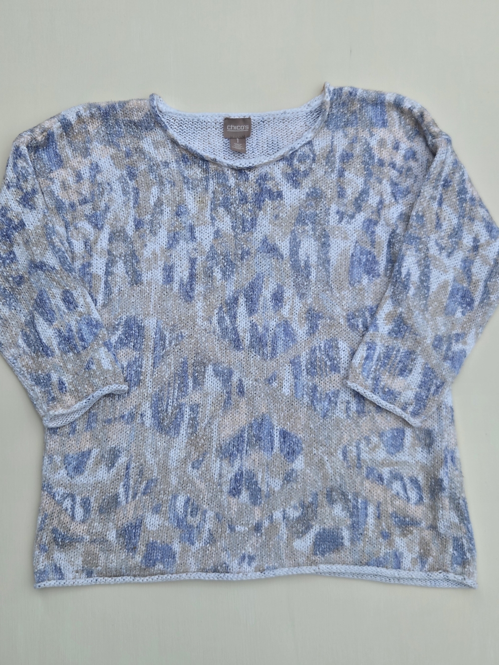 Chico's Scoop Neck Pattern Knit Sweater Size-1 (US-M) Blue Beige White